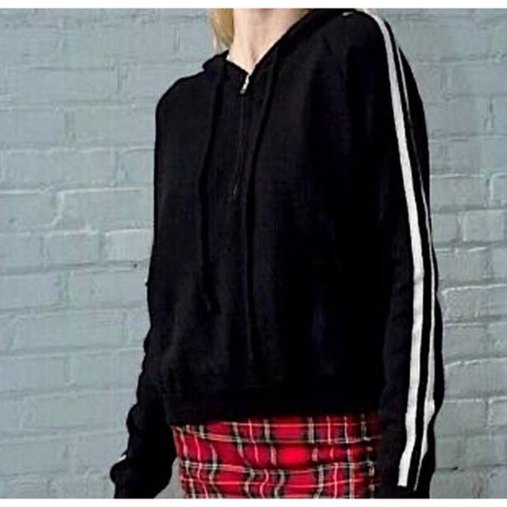 Brandy Melville Black Hoodie with White Sleeve Stripes